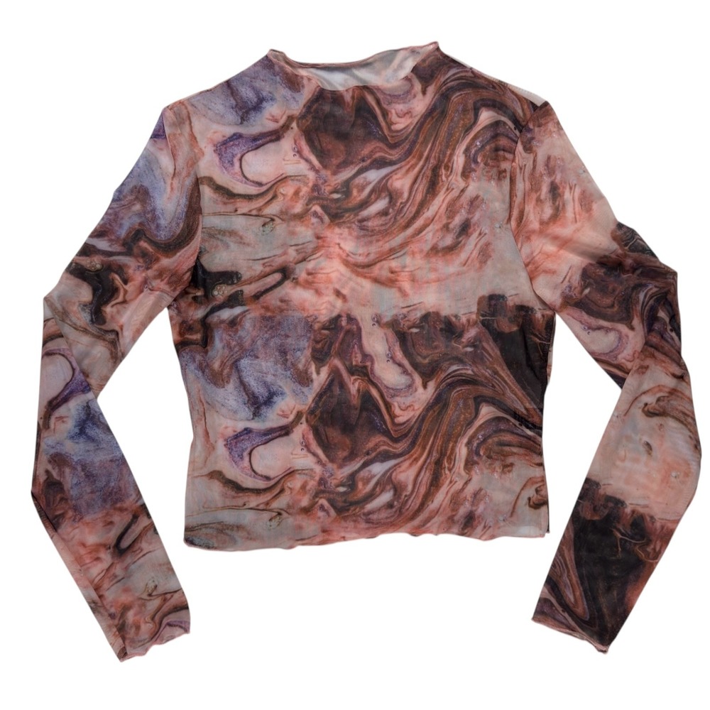 Shein Marble Mesh Top M Brown Pink Long Sleeve Sheer Psychedelic Y2K Streetwear